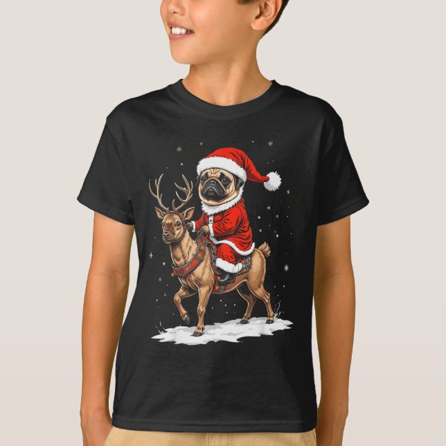 Camiseta Pug Santa Riding Reindeer Christmas Holiday Puppy  (Anverso)