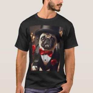 Camiseta Pug triste con traje de esmoquin y rosa roja