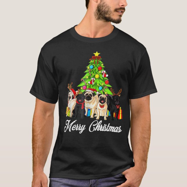Camiseta Pug Xmas Shirt Regalo Feliz Árbol de Navidad (Anverso)