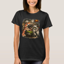 Camiseta Pug y gato de Halloween en la cocina embrujada