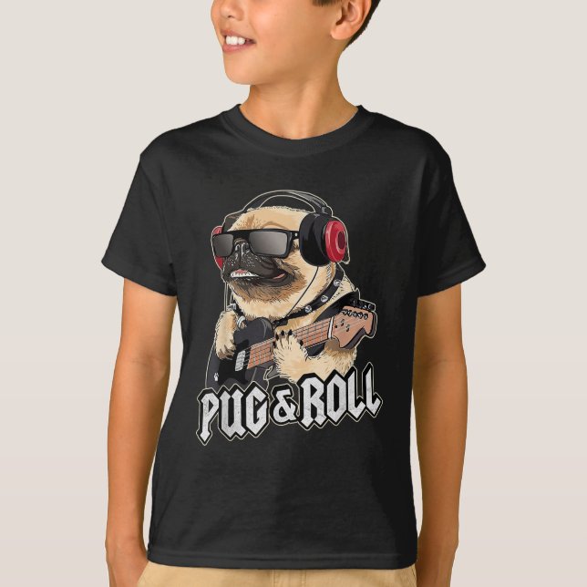 Camiseta Pug Y Rollo Cute Rockstar Guitarra Rockin Music Si (Anverso)