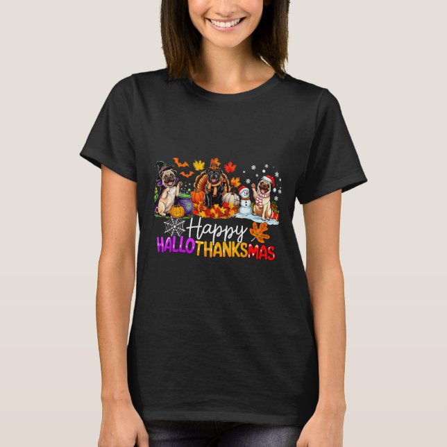 Camiseta Pugs Hallothanksmas Dog Lovers Funny Christmas Mer (Anverso)
