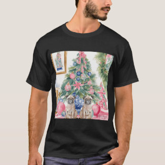Camiseta Pugs y árbol de Navidad pintura acuarela