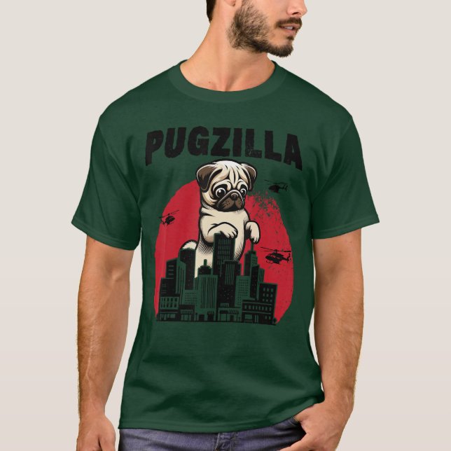 Camiseta Pugzilla Funny Giant Pug Puppy in Classic Horror J (Anverso)