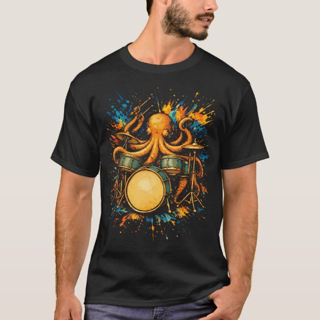 Camiseta Pulpo Baterista Tocando Tambores Divertida Roca (Anverso)