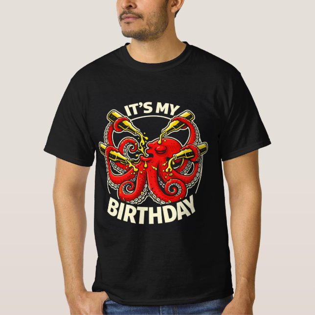 Camiseta Pulpo Bebedor de Cerveza de Cumpleaños (Anverso)