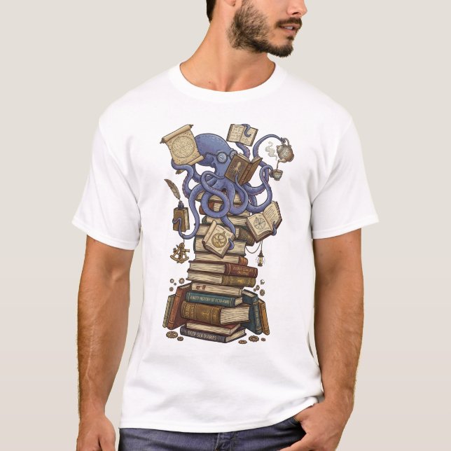 Camiseta Pulpo bibliotecario sobre libros (Anverso)