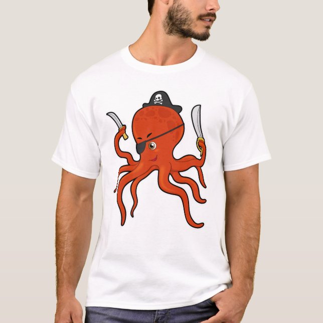 Camiseta Pulpo como Pirata con Espada y Cuchillo (Anverso)