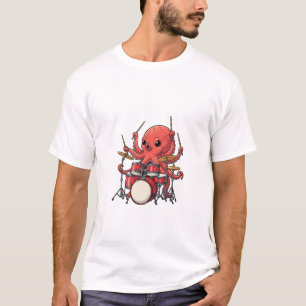 Camiseta Pulpo Rojo Enérgico Baterista Realizando Múltiples