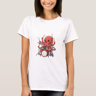 Camiseta Pulpo Rojo Enérgico Tocando la Batería con Multita