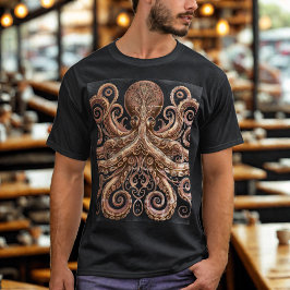 Camiseta Pulpo steampunk Kraken ornamentado dorado y negro