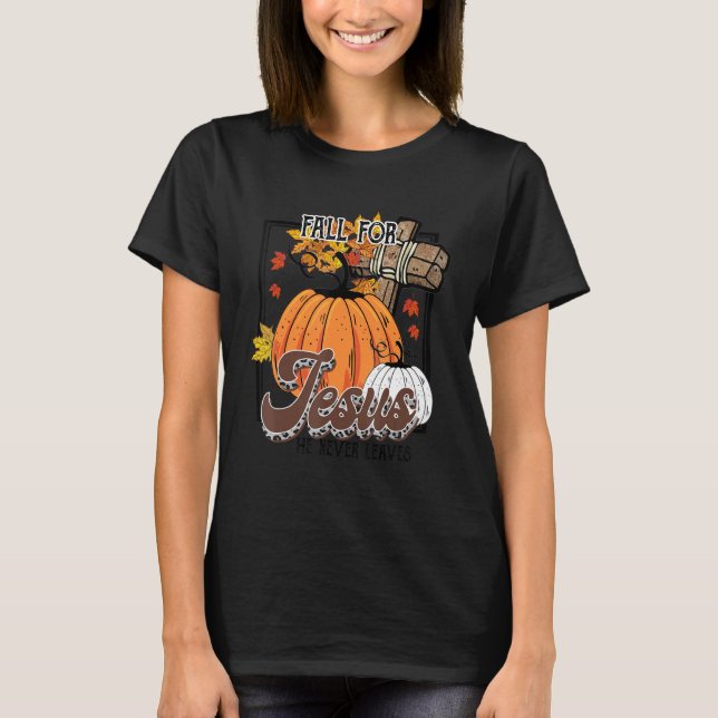Camiseta Pumpkin Fall Leaves Cross Christian Saying Religio (Anverso)