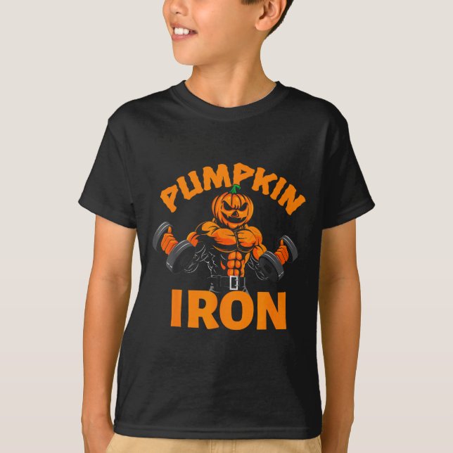 Camiseta Pumpkin Iron Halloween Gym Workout Lifting Pun Fun (Anverso)