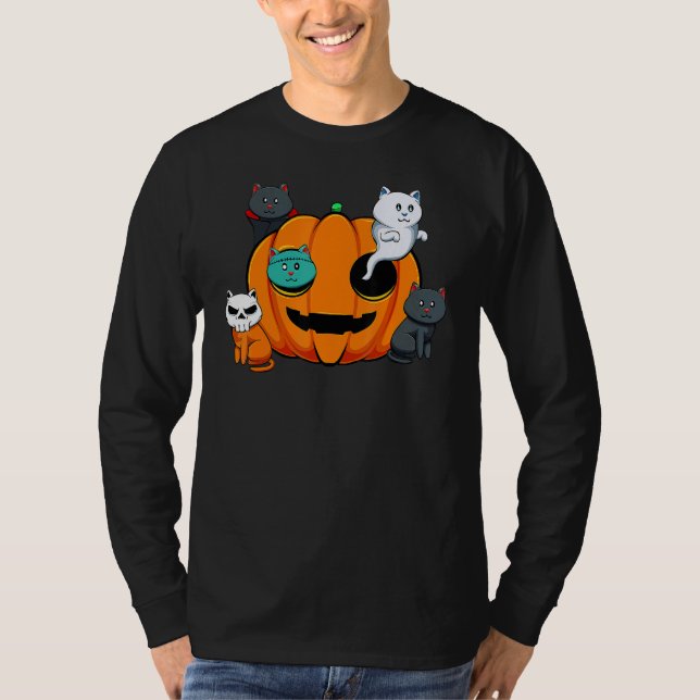Camiseta Pumpkin Monster Cats Lazy Halloween Costume Cute K (Anverso)