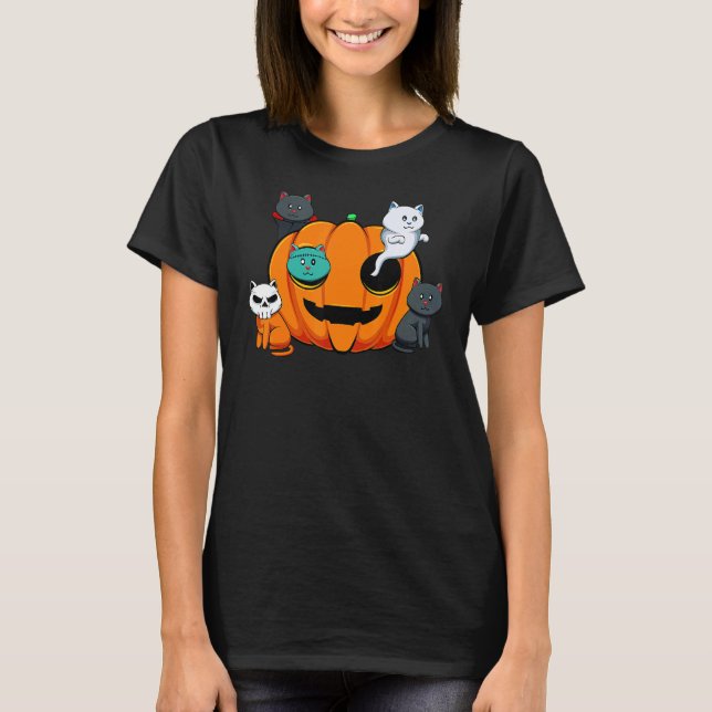 Camiseta Pumpkin Monster Cats Lazy Halloween Costume Cute K (Anverso)