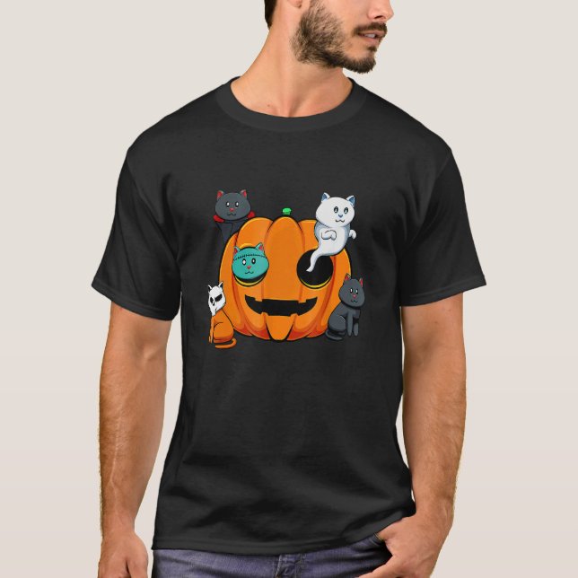 Camiseta Pumpkin Monster Cats Lazy Halloween Costume Cute K (Anverso)