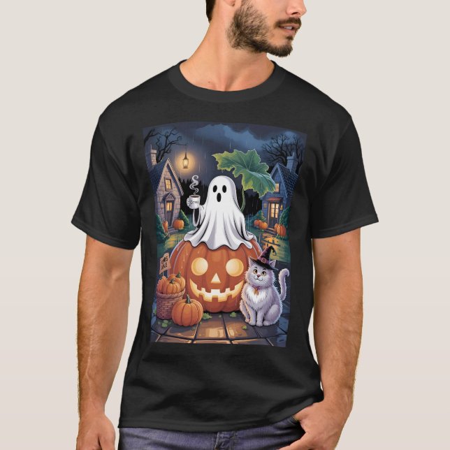 Camiseta Pumpkins For Sale & Caffeine Ghost With Cat (Anverso)