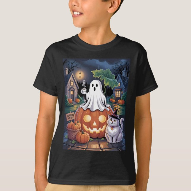 Camiseta Pumpkins For Sale & Caffeine Ghost With Cat (Anverso)
