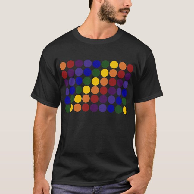Camiseta Puntos de polka arcoiris sobre negro (Anverso)