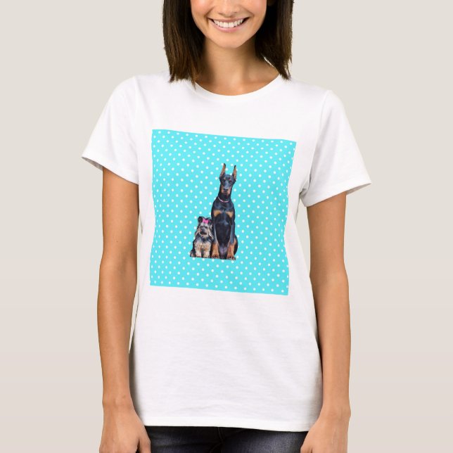 Camiseta Puntos de Polka Azul de Yorkshire Terrier Doberman (Anverso)