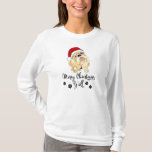 Camiseta *~* Puppy Red Santa Hat Merry Christmas Paw Impres<br><div class="desc">CAMISETA BLANCA DE MUJERES DE LARGA MANCHA: " Feliz Navidad" con texto negro y un bulldog PUPPY usando un Sombrero rojo de Papá Noel y pequeñas huellas de pata en la nieve. Un Humor Gracioso Y Curioso, Un Regalo De Navidades Humorosos. Regalo de navidades para tu mujer/mujer favorita AMANTE DE...</div>