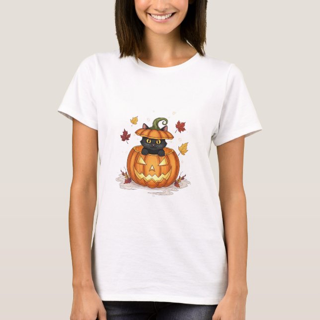 Camiseta Purción de calabaza - Mujer felina de Halloween (Anverso)