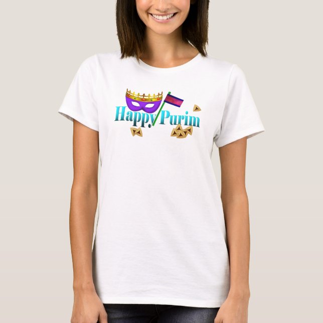 Camiseta Purim feliz con máscara, pesebre y Hamentaschen (Anverso)