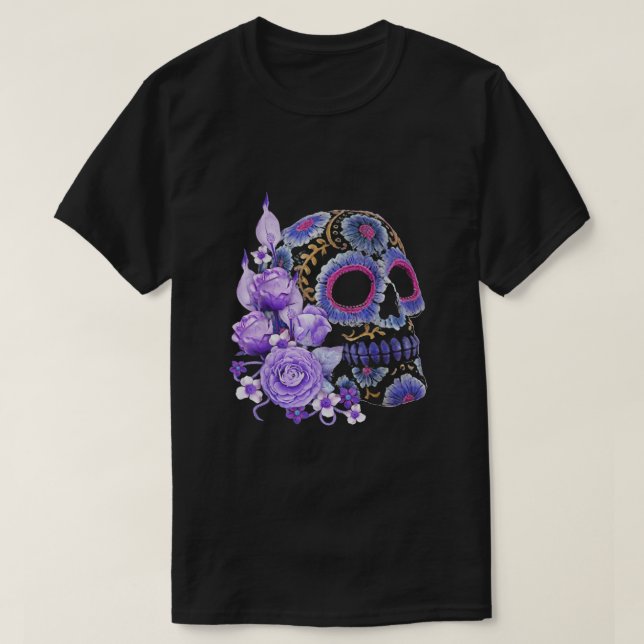Camiseta Purple Floral Black Sugar Skull (Diseño del anverso)