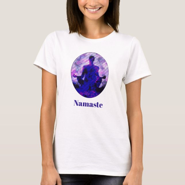 Camiseta Púrpura Espiritual Sitting Yoga Pose Namaste T-Shi (Anverso)