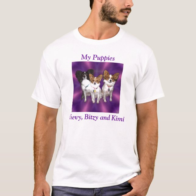 Camiseta púrpura, mis perritos, Chevy, Bitzy y Kimi (Anverso)