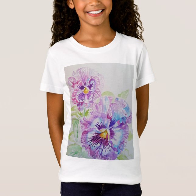 Camiseta Púrpura Pansy floral acuarela Chicas de arte T Shi (Anverso)