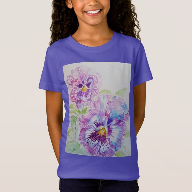 Camiseta Púrpura Pansy floral acuarela Chicas de arte T Shi (Anverso)
