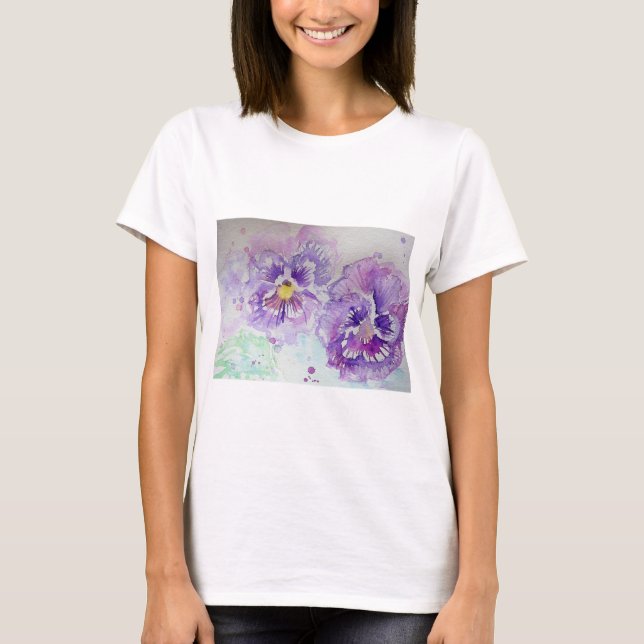 Camiseta Púrpura Pansy Watercolor flor arte T Shirt (Anverso)