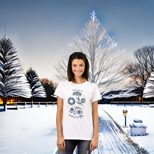 Camiseta Purpurina de Año Nuevo "Blue Sparkling" "Chears St (Blue Sparkling New Year Glitter Cheer Stars Floral T-Shirt)
