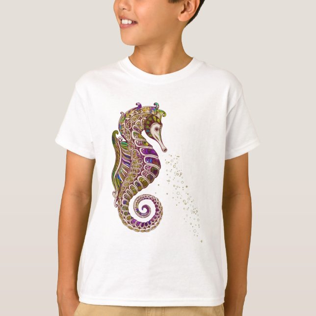 Camiseta Purpurina de caballitos de mar con arco iris de ve (Anverso)