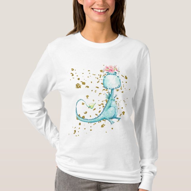 Camiseta *~* Purpurina de Flores de Dinosaurios Blue Girago (Anverso)