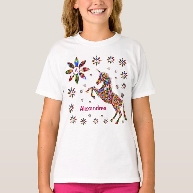 Camiseta Purpurina de flores de unicornio (Anverso)