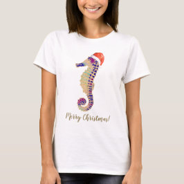 Camiseta Purpurina de oro Seahorse Santa Merry Navidad