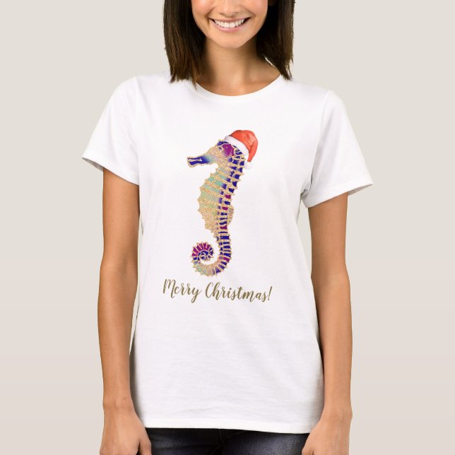 Camiseta Purpurina de oro Seahorse Santa Merry Navidad (Anverso)