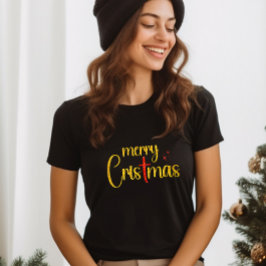 Camiseta Purpurina Rojo Dorado Feliz Navidad Cruz Cristiana