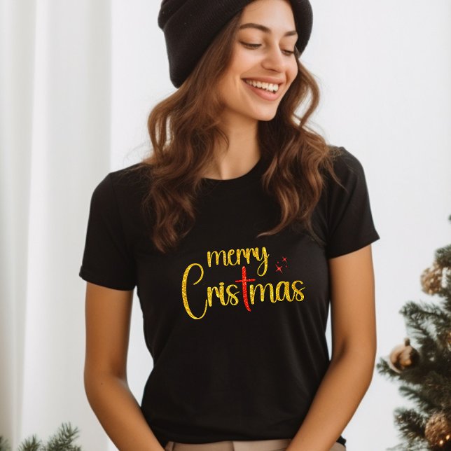 Camiseta Purpurina Rojo Dorado Feliz Navidad Cruz Cristiana (Subido por el creador)