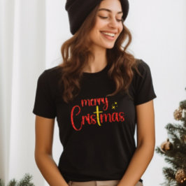 Camiseta Purpurina Rojo Dorado Feliz Navidad Cruz Cristiana
