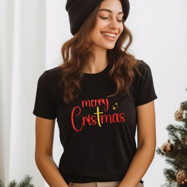 Camiseta Purpurina Rojo Dorado Feliz Navidad Cruz Cristiana (Subido por el creador)