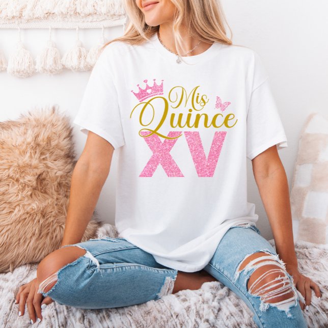 Camiseta Purpurina Rosa Crown Mis Quince XV Quinceanera Fie (Pink Glitter Crown Mis Quince XV Quinceanera Party T-Shirt)