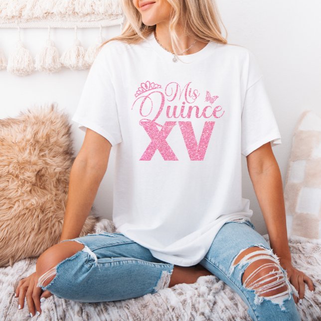 Camiseta Purpurina Rosa Crown Mis Quince XV Quinceanera Fie (Pink Glitter Crown Mis Quince XV Quinceanera Party T-Shirt)