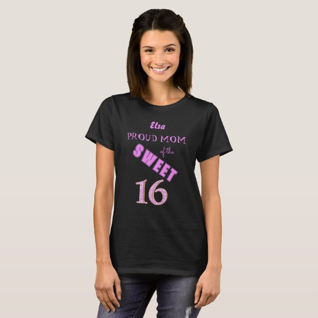 Camiseta Purpurina Rosa Dulce 16 Orgullosa Mamá Cumpleaños (Anverso completo)