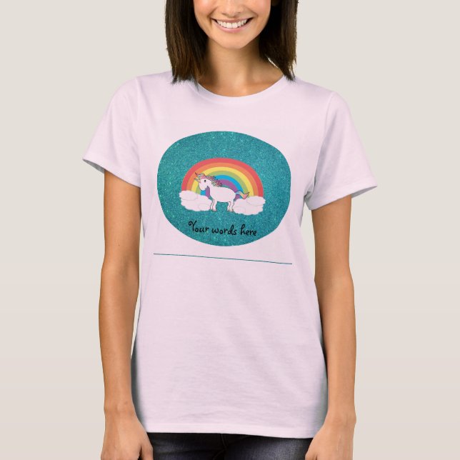 Camiseta Purpurina turquesa con unicornio arcoiris (Anverso)