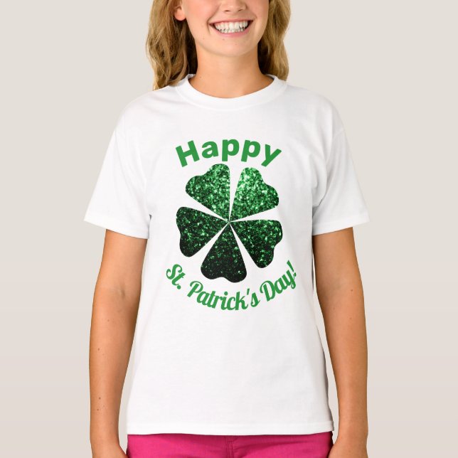 Camiseta Purpurina verde oscuro chispea Shamrock St Patrick (Anverso)