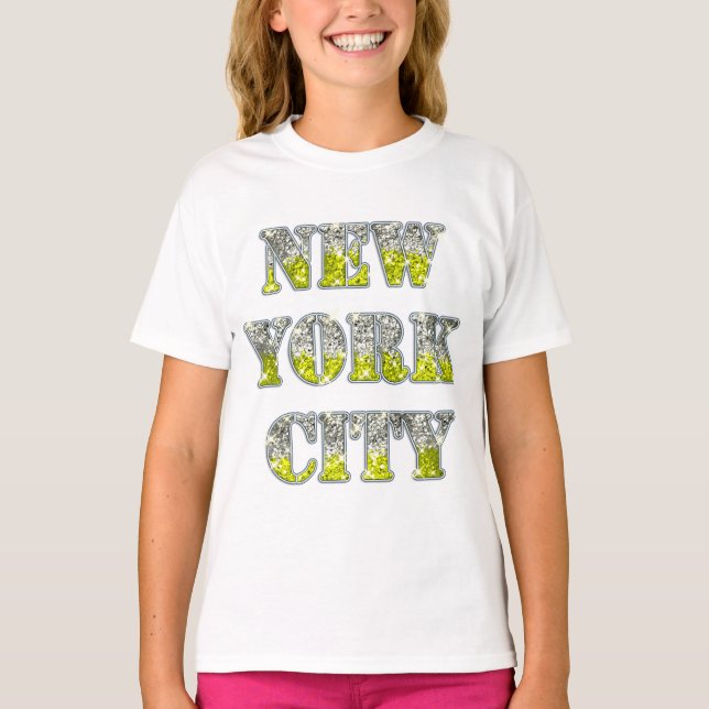 Camiseta Purpurinas de Oro Plateado de Nueva York (Anverso)