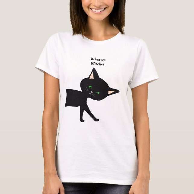 Camiseta ¡Qué Muñecas! Gracioso gato negro con ojos verdes (Anverso)